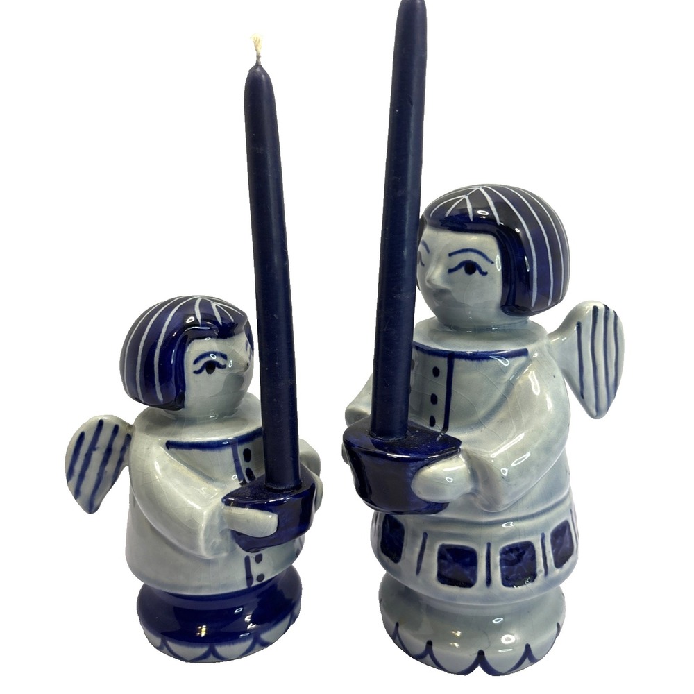 Pair Of Gzhel Russia Blue & White Porcelain Angel Candle Holder 5"‎ & 7"Handmade